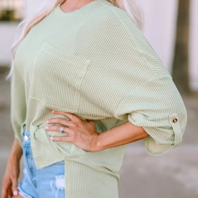 Jade Ribbed Roll-tab Sleeve Chest Pocket Oversize Top